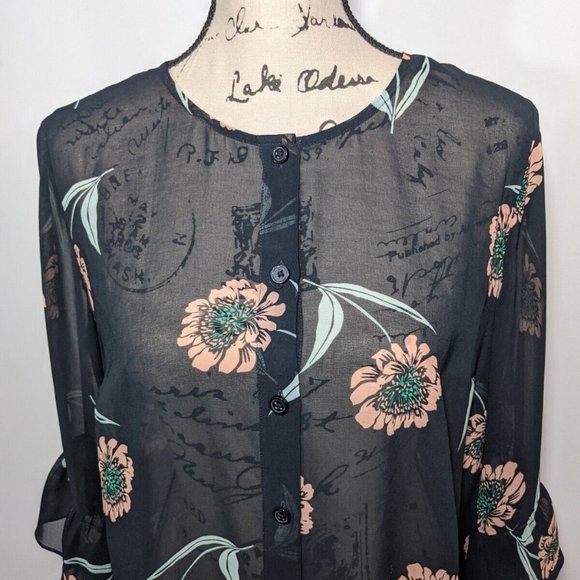 Cabi #5206 La Di Da Blouse Floral Top Black Semi Sheer size Small - Picture 3 of 10